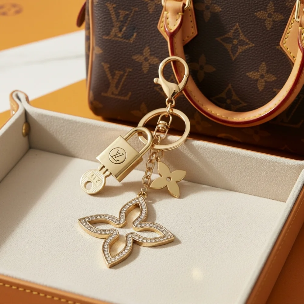 Authentic Louis Vuitton Lock & Key with Unbranded Clover Charm, Keychain 021226 - Picture 1 of 10